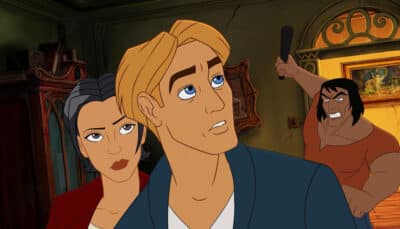 George and Nico react in shock as danger erupts behind them in Broken Sword Reforged