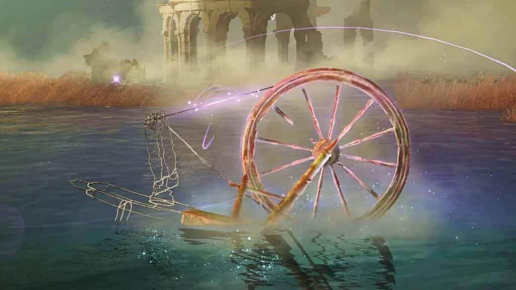 A surreal Reverse 1999 environment shows a rusted wheel half submerged in a flooded ruin
