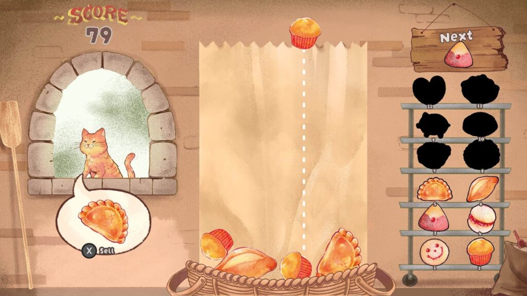 A cheerful bakery cat waits as fresh pastries drop into the basket in PancitoMerge