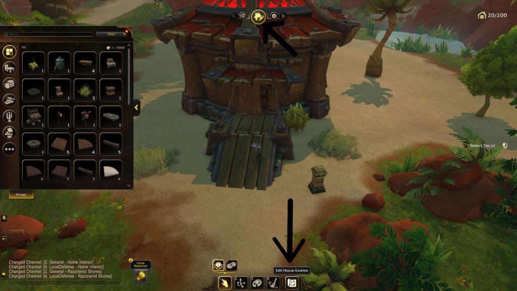 An image of the Player Hosuing editor UI, with arrows pointing to what buttons you need to press to change exterior on the UI.