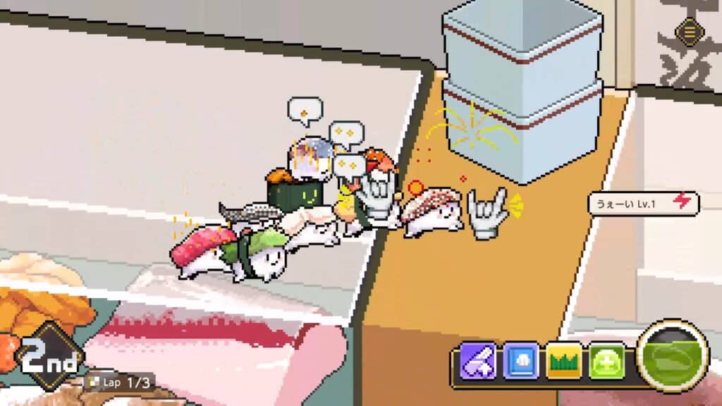 A group of lively sushi racers crowds a tight turn in Wabisabi SushiDerby as sparkles pop around them