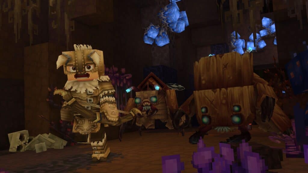 A frightened adventurer runs from hostile creatures in a dark Hytale cavern