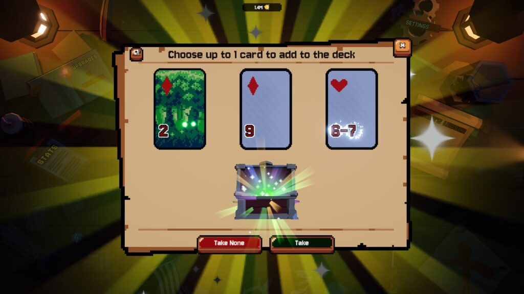A glowing chest offers card choices to add to the deck in This Ain’t Even Poker Ya Joker