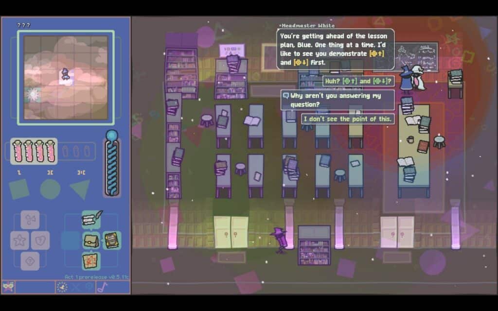 The wizard speaks with Headmaster White in a cluttered classroom in Scrabdackle