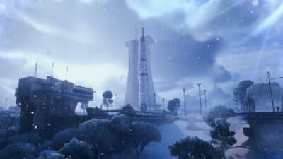 Picture of Dam Battleground map with a wintery coat from Arc Raiders.