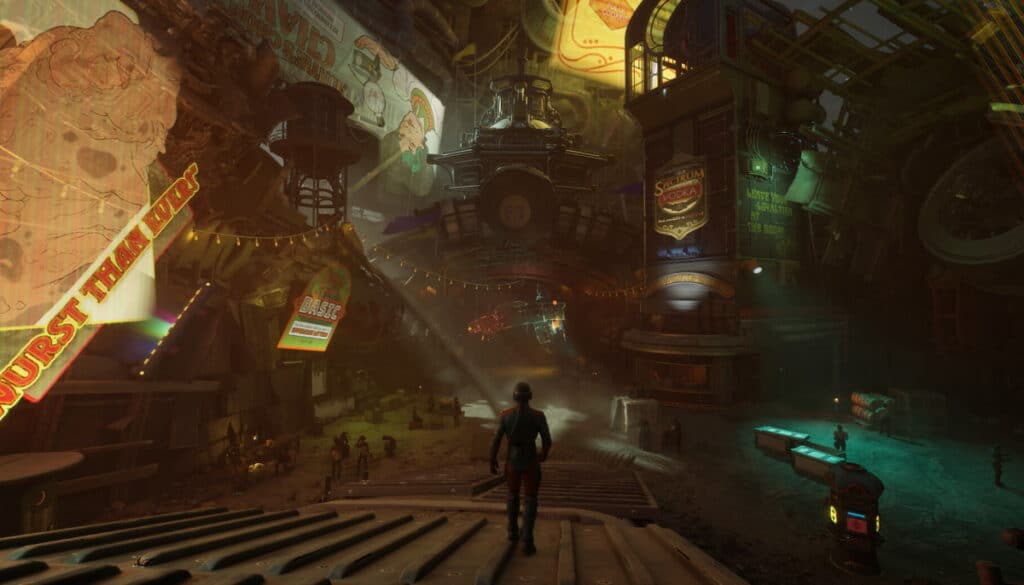 A lone figure in The Outer Worlds 2 walks into a busy neon lit market filled with signs, crowds, and floating machinery. Warm and cool lights blend to create a lively sci fi atmosphere