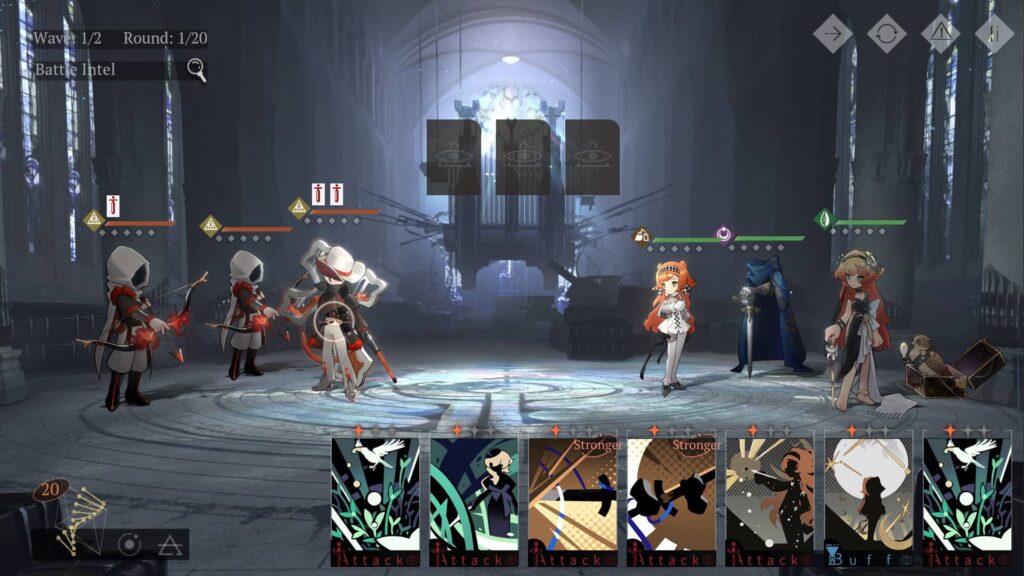 Reverse 1999 presents a battle lineup inside a grand cathedral setting