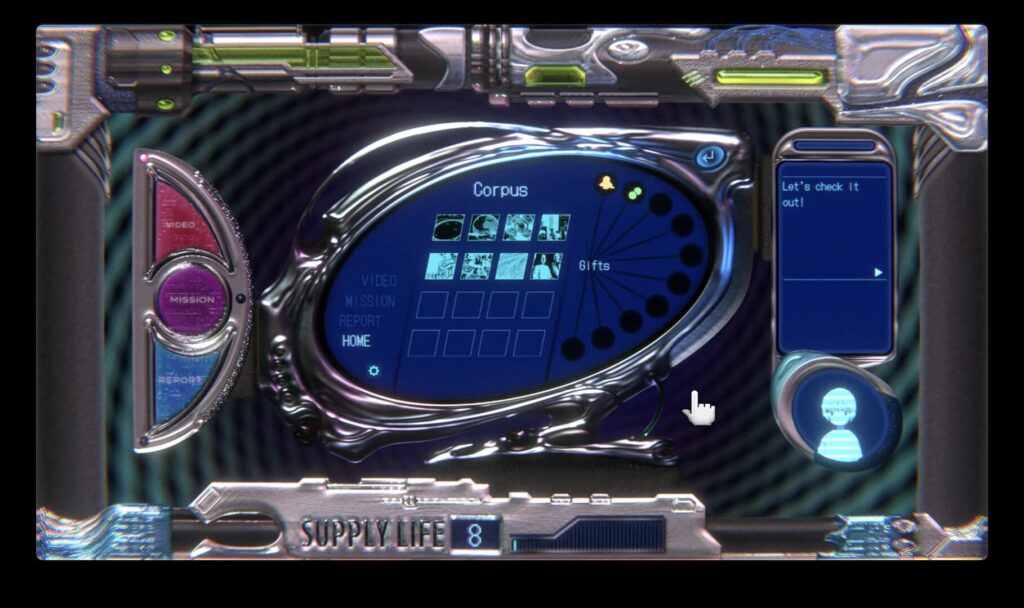 A glowing console screen displays the Corpus menu in Children’s Garden as a cursor hovers over the options