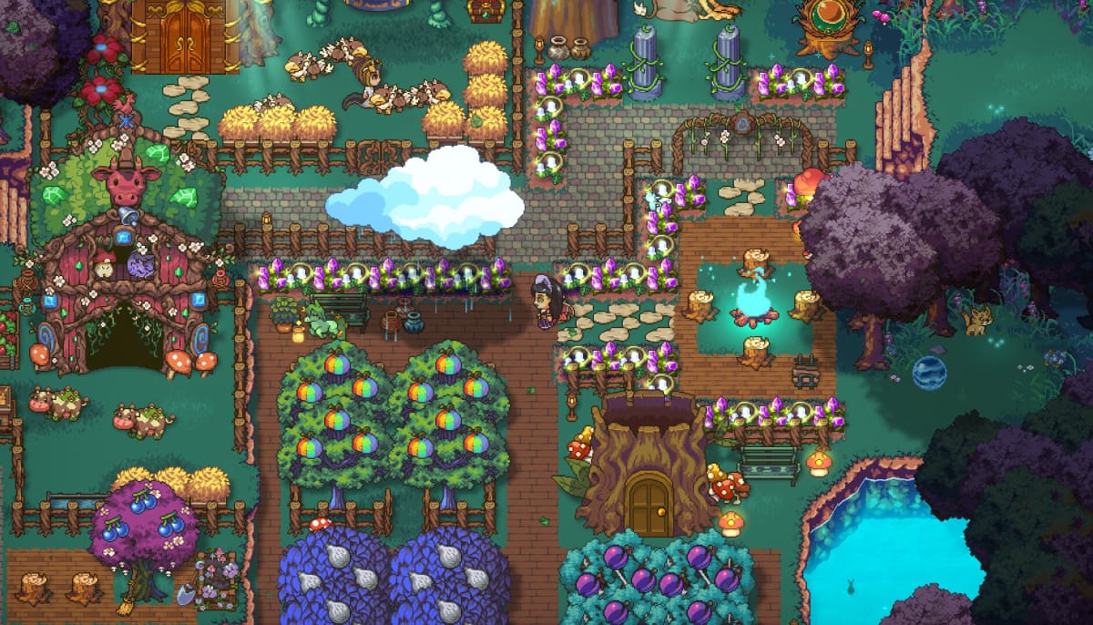 A detailed farm layout filled with crops, decorations, and fantasy elements in Sun Haven