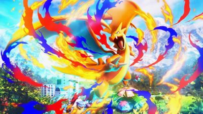 Charizard bursts through swirling flames during an intense Pokémon TCG Pocket battle scene
