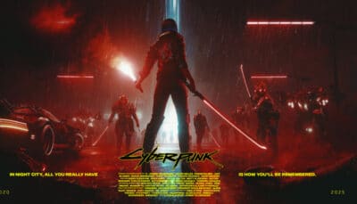 A lone fighter faces armed enemies under red lights in Cyberpunk 2077