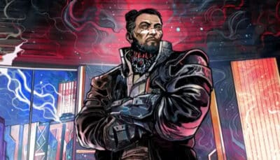 Goro Takemura stands with crossed arms against a neon soaked Night City backdrop in Cyberpunk TCG