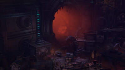 Picture of a amp from Dark Heresy, featuring a wide tunnel entrance with ominious red light.
