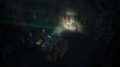 Image of a dark frrom from Owlcat's Dark Hersy, with hereldy and commondation badges on the wall.