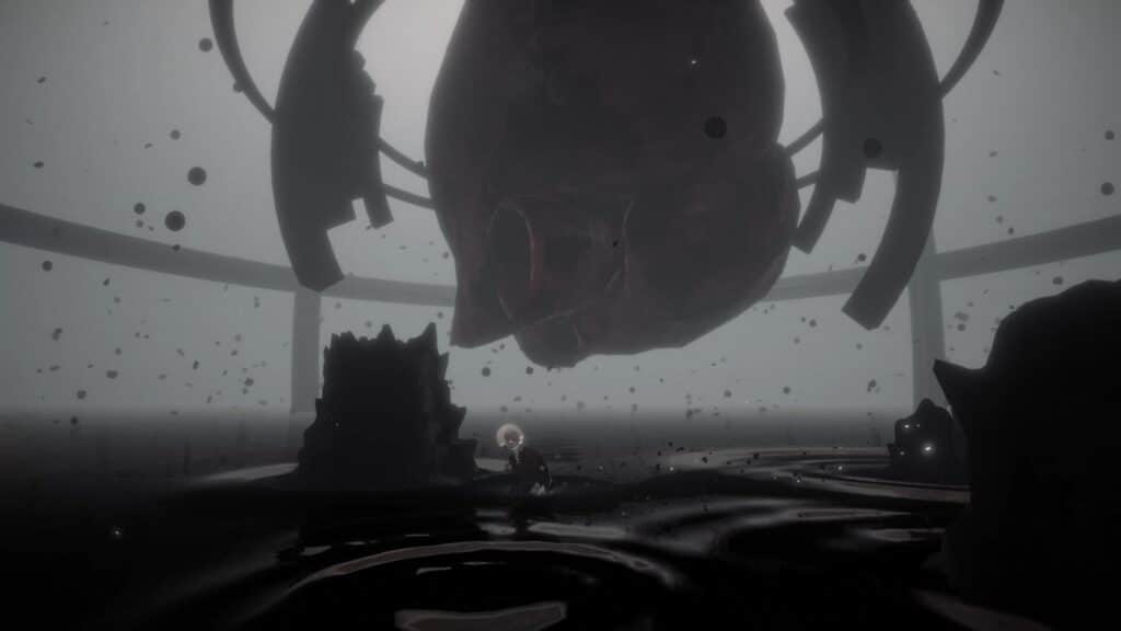 A small figure approaches a massive floating heart in DOSMIC as debris drifts through the dim chamber