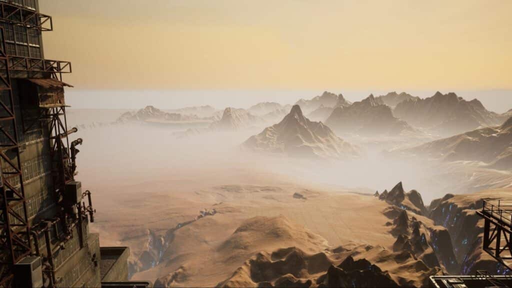 A vast sunlit desert stretches toward distant mountains in Sleep Awake