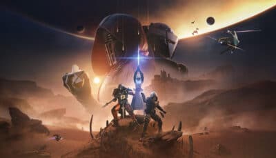 Key art for Destiny 2 Renegades showing Guardians on a desert world with looming villain imagery and spacecraft overhead