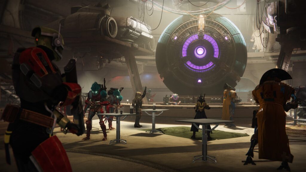 Social space in Destiny 2 Renegades with Guardians and Cabal gathered around a glowing central device