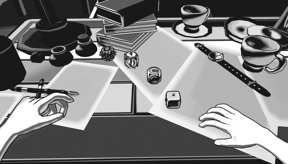 Hands hover over scattered dice and objects on a desk during a tense moment in Hell Dice Gambler