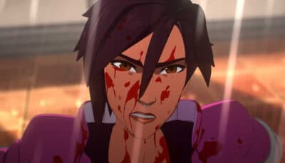 A wounded hero stares forward with blood on their face during a tense moment in Dispatch