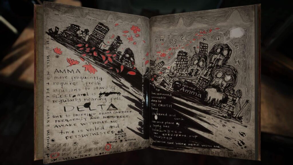 A worn journal shows frantic sketches and notes in Sleep Awake