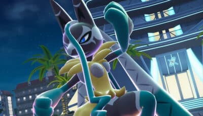 A towering Mega evolved Pokémon strikes a powerful pose in a neon lit city during Pokémon Mega Evolutions