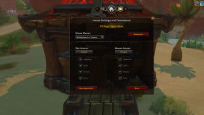 A settings menu that enables access to both internal and external entrance to your player house in World of Warcraft.