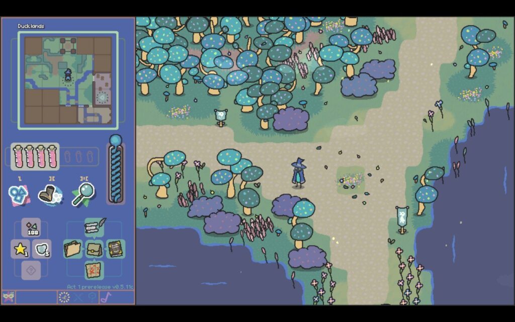 A small wizard walks through the colorful Ducklands forest in Scrabdackle