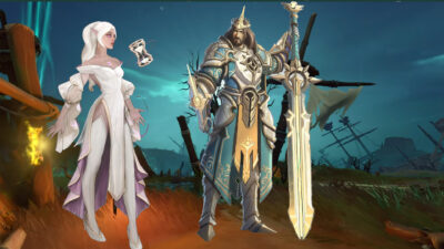 Picture of concept art of a knight and a half-elf healer on a Felowship map