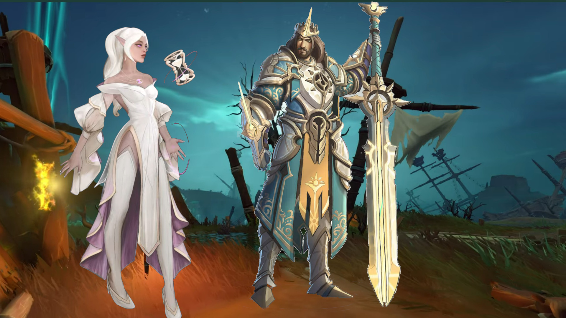 Picture of concept art of a knight and a half-elf healer on a Felowship map