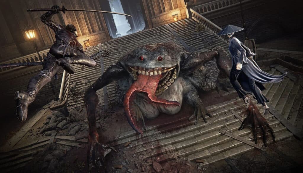 Two warriors confront a grotesque monster with a gaping mouth and long tongue on the stone steps of a grand cathedral in Elden Ring
