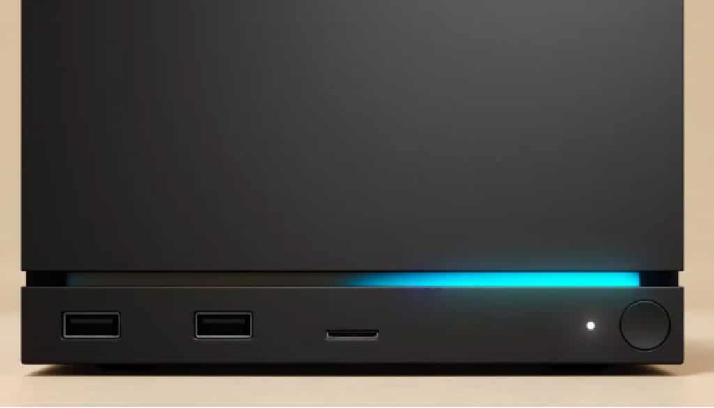 A soft blue light shines from the front panel of the Steam Machine.