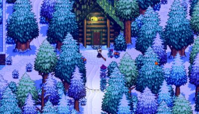 A snowy forest path leading to a cabin in Haunted Chocolatier