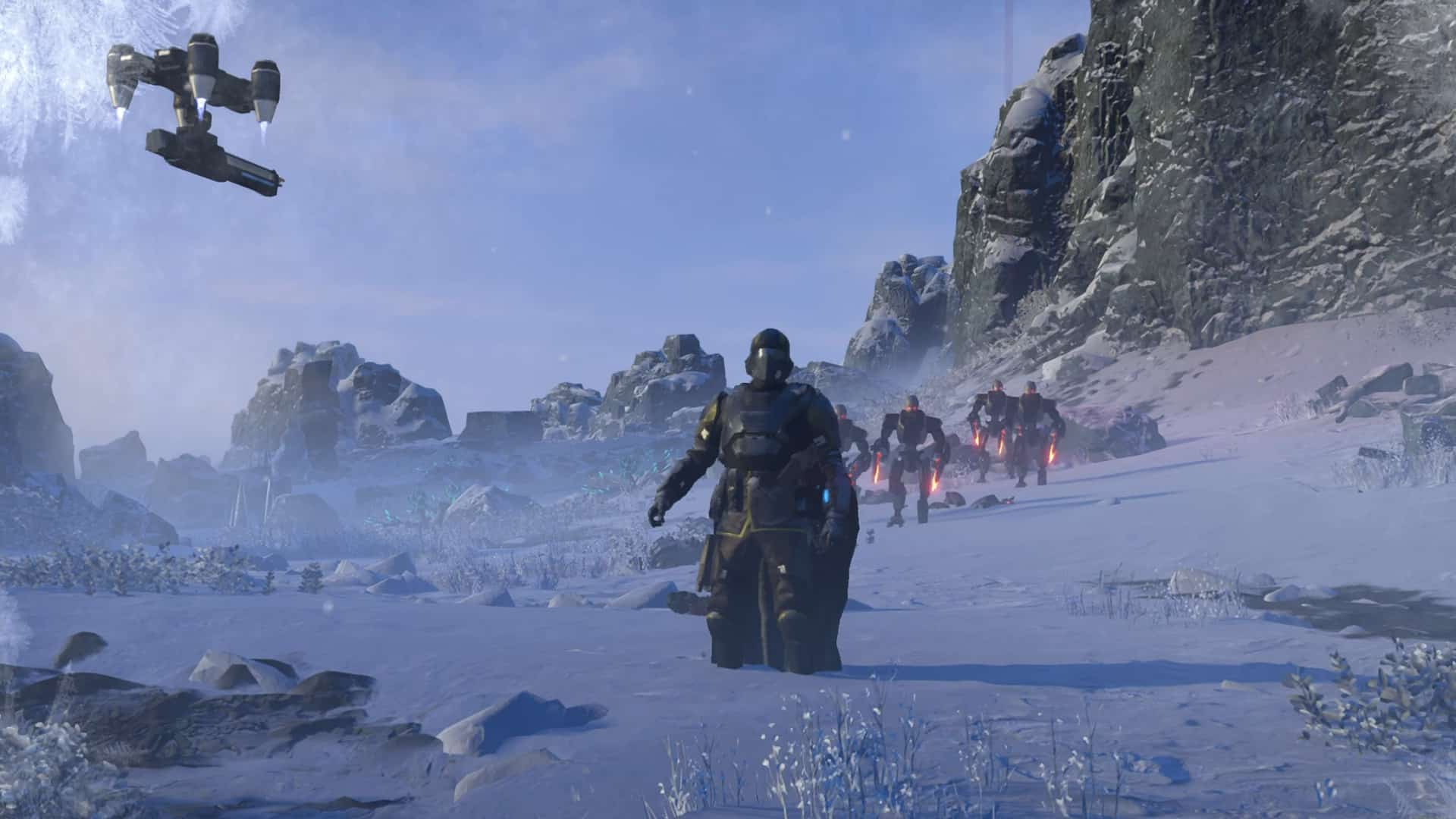 Helldiver in the snow wirth incoming robots wanting a piece of him while defending democracy.