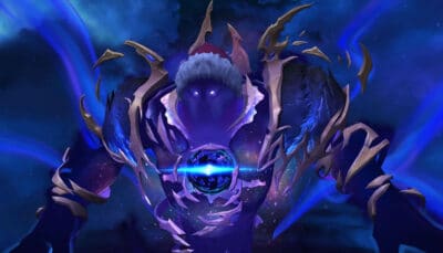 A powerful void infused entity emerges in World of Warcraft surrounded by swirling cosmic energy and glowing eyes