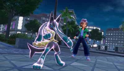 Lucario stands charged with energy beside its trainer in Pokémon Mega Dimension
