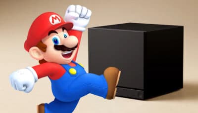 Mario appears next to the Steam Machine in a playful scene referencing classic games.