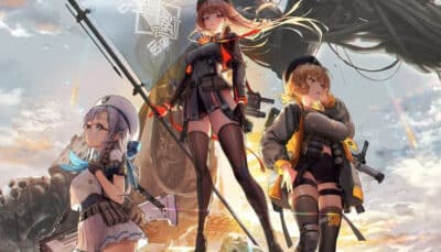 A full combat squad from Goddess of Victory Nikke assembles in front of a towering battlefield structure.