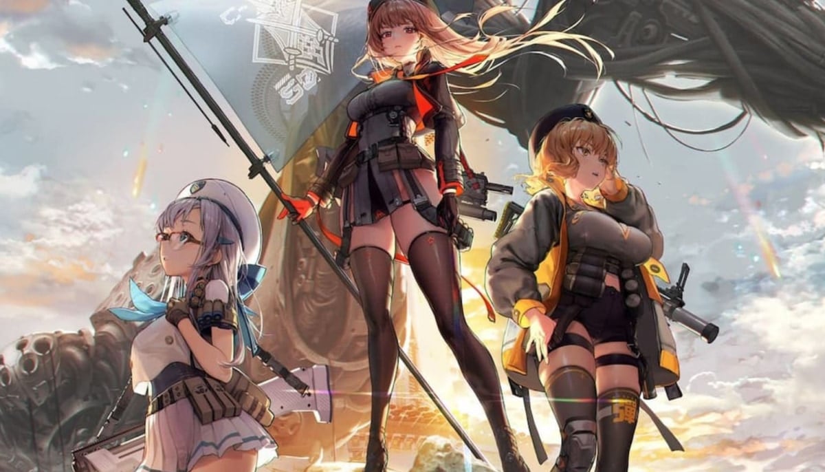 A full combat squad from Goddess of Victory Nikke assembles in front of a towering battlefield structure.