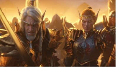 Two armored elves prepare for conflict at sunset in WoW Midnight