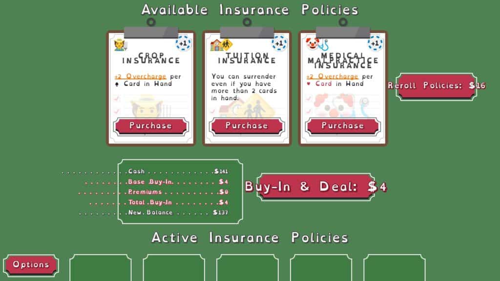 The player browses optional insurance cards before starting the round in Blackjack Roulette