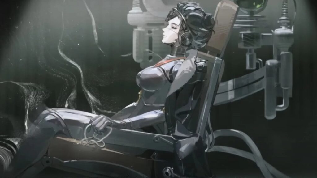 Reverse 1999 depicts Lucy seated in a mechanical chair inside a dim laboratory