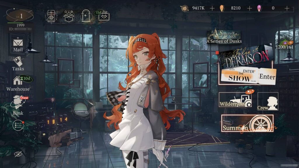 The Reverse 1999 home screen shows the protagonist standing among menus and event icons