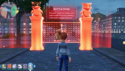 A trainer approaches a glowing battle zone gate in Pokémon Legends Z-A