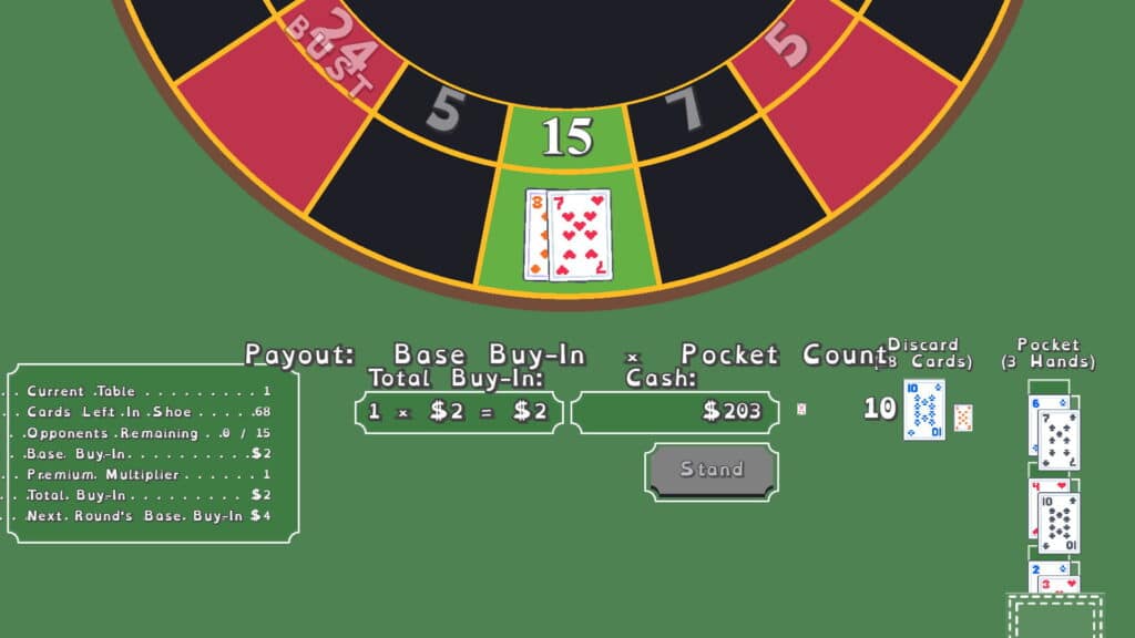The Blackjack Roulette wheel shows a hand total while the player reviews their cards