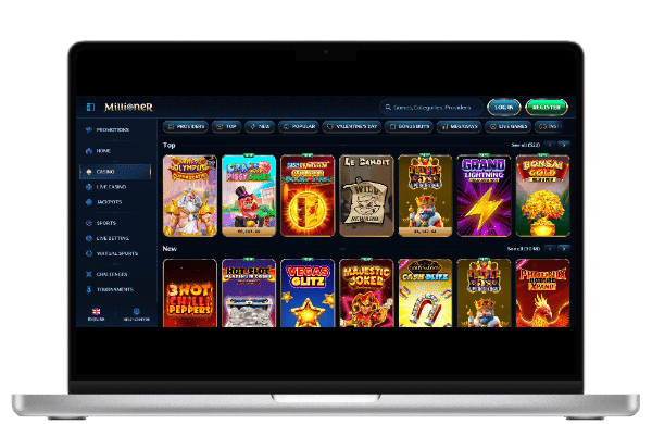 Millioner casino game lobby viewed on laptop
