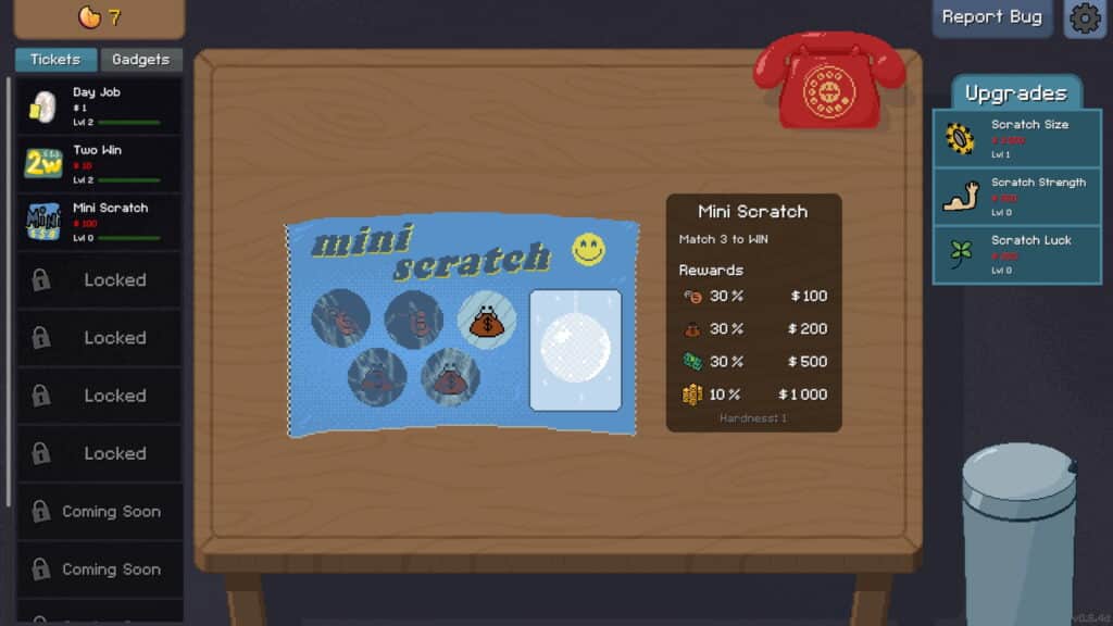 A blue scratch ticket sits on the desk with its rewards displayed in Scritchy Scratchy