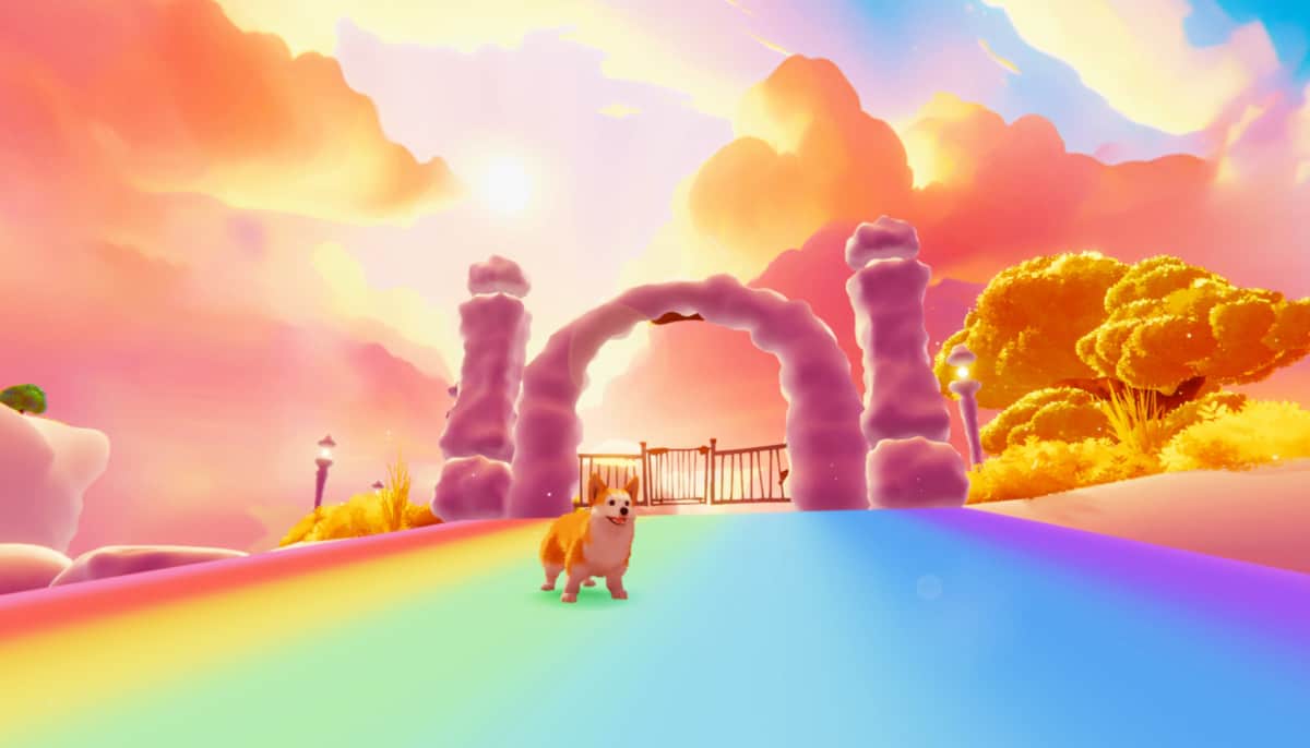 A cheerful corgi stands on a glowing rainbow path beneath pastel clouds in My Little Puppy