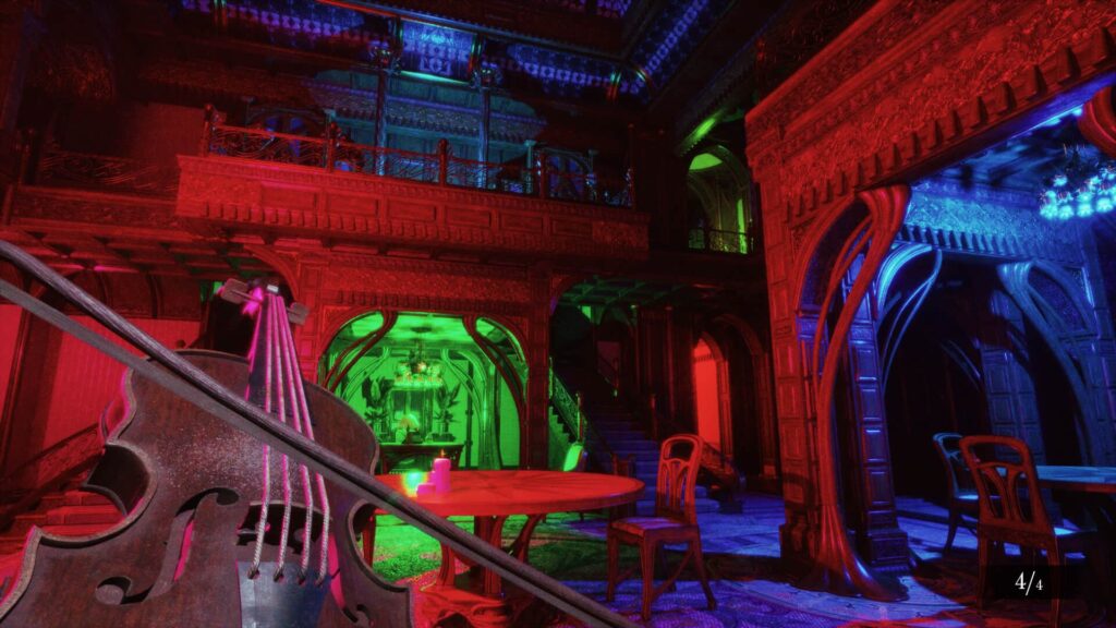 A dim hall glows with shifting neon colors in Dead Format as a cello rests beside an empty table