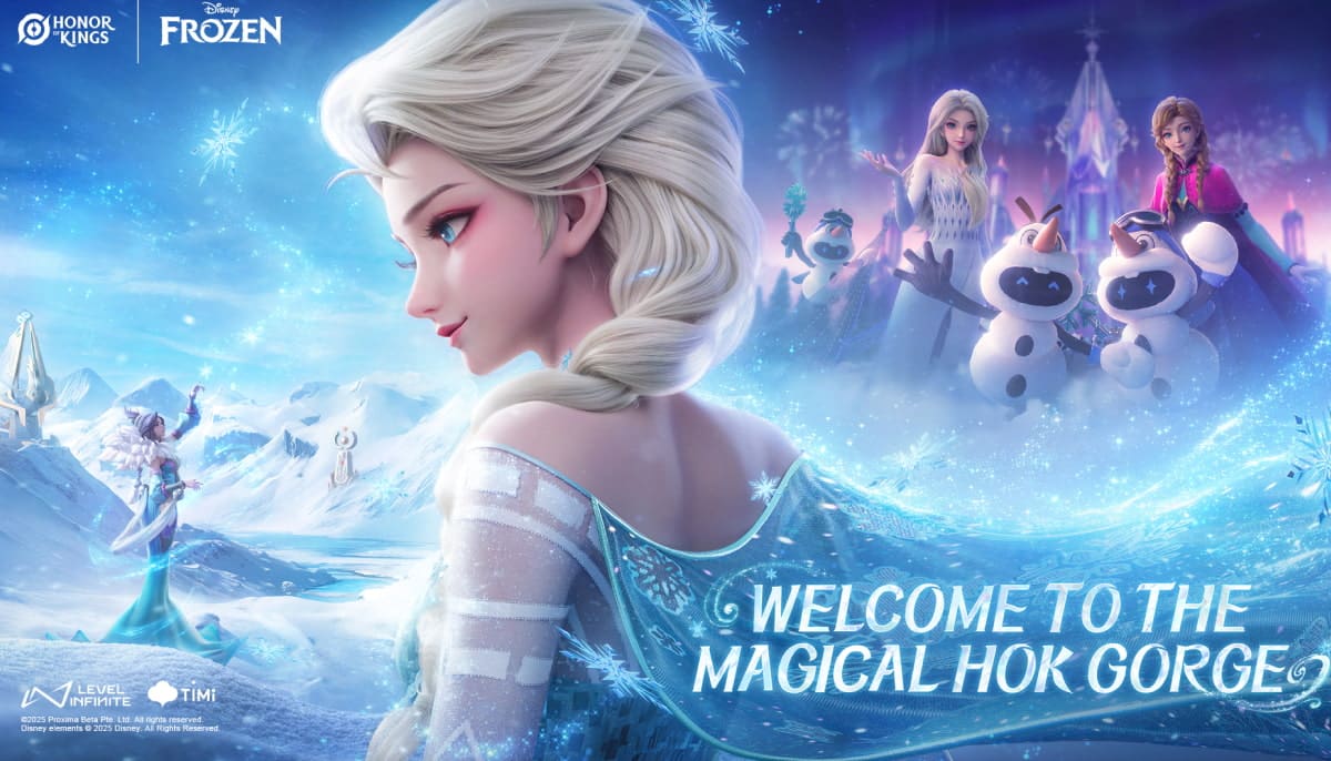A frozen themed scene in Honor of Kings shows Elsa and other characters in a magical winter landscape